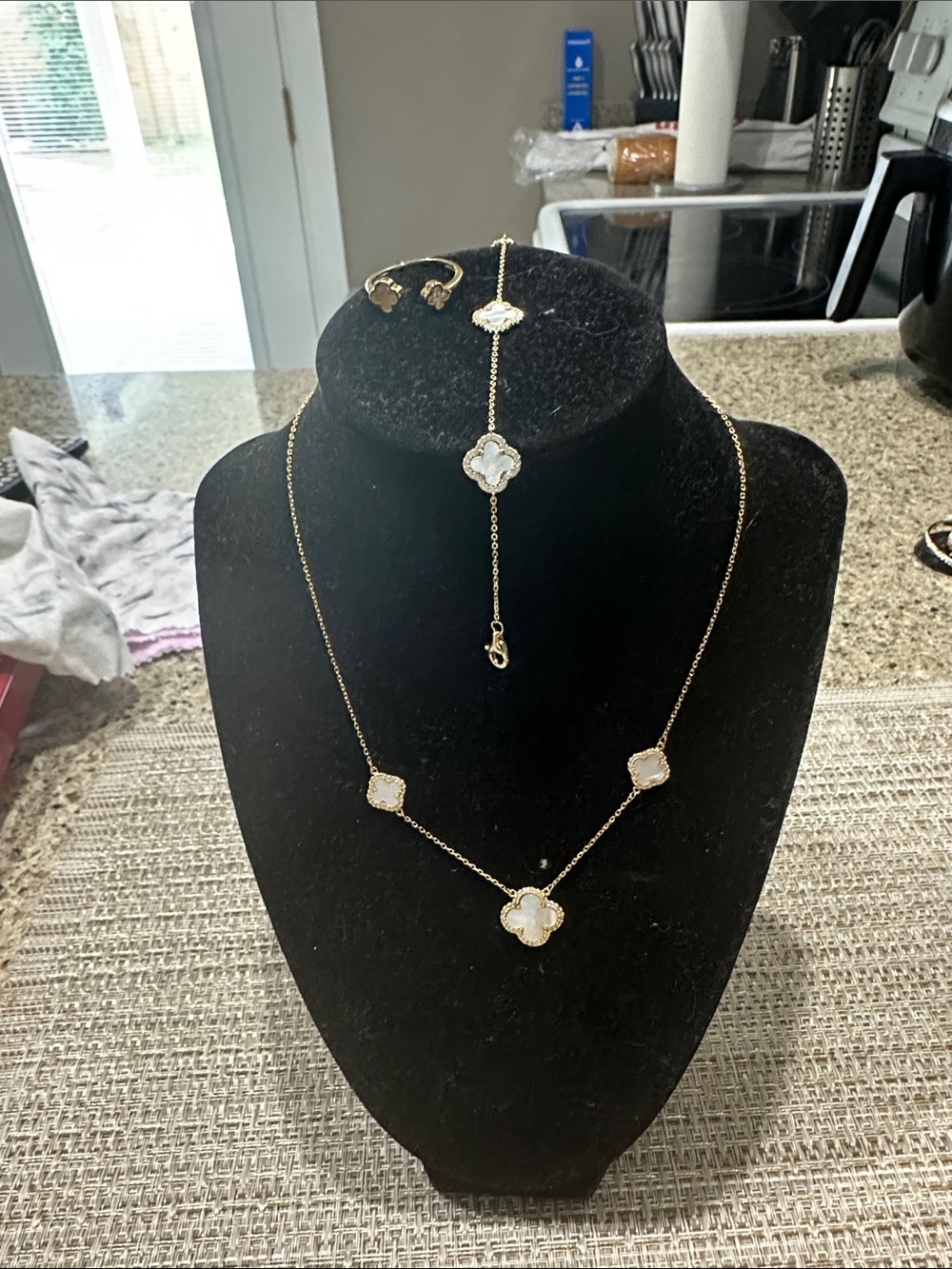 Gold-Tone Mother of Pearl Clover Necklace and Bracelet Set